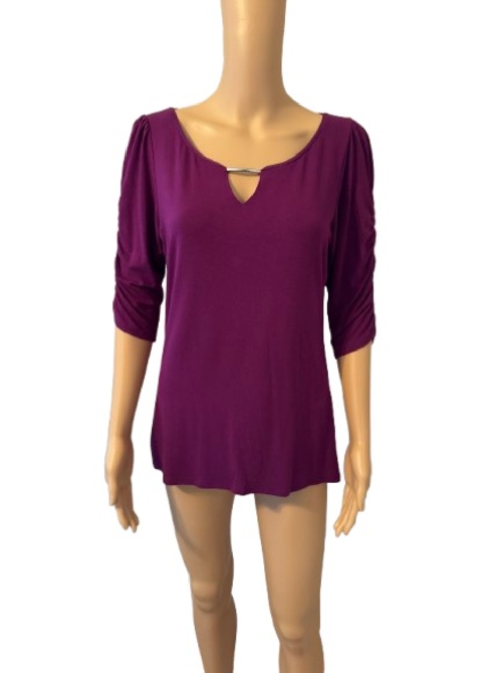 White House Black Market Plum Keyhole Ruched Sleeve Top Medium